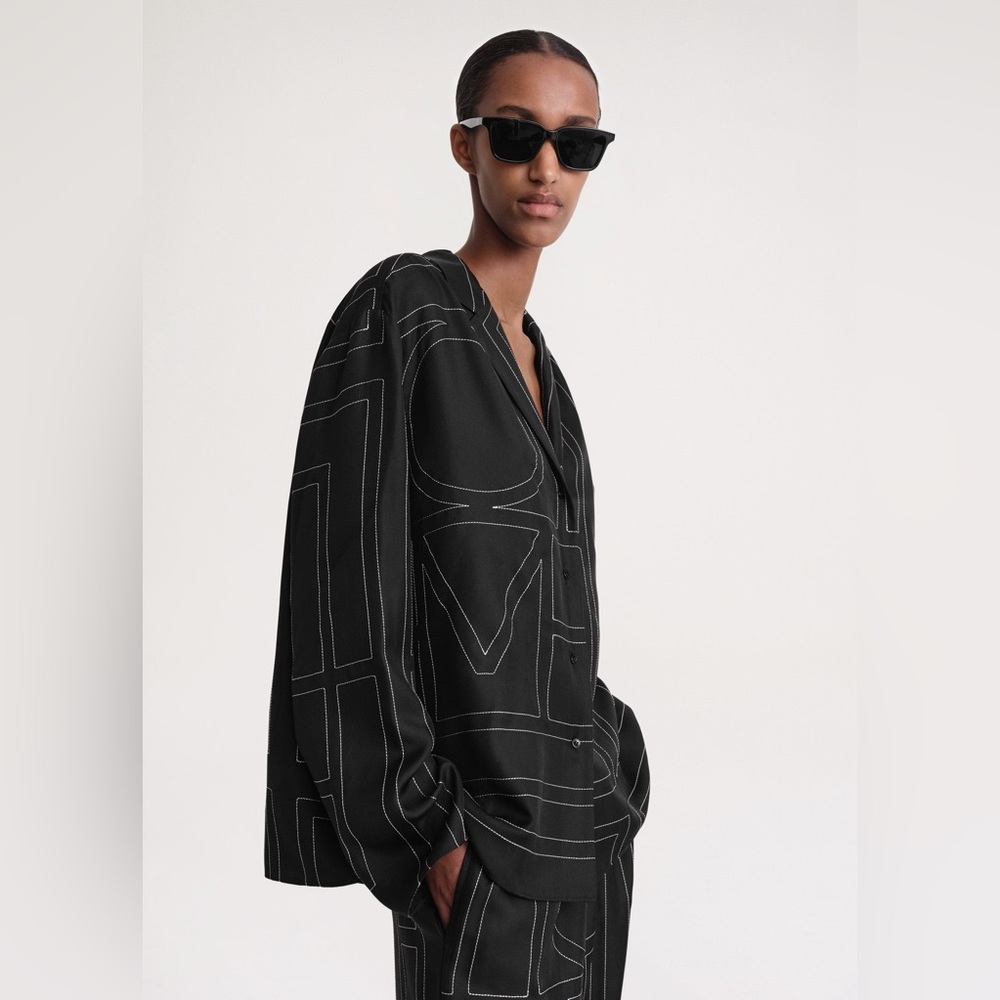 TOTEME Monogram  silk pj top black + Monogram silk pj shorts black